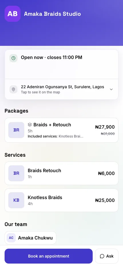 The booking page a client sees at your link: services, prices, and a time to book, on your Roost page.