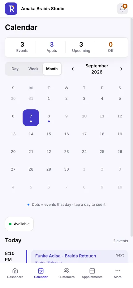 The Roost calendar in month view, with the day’s bookings listed underneath the month grid.