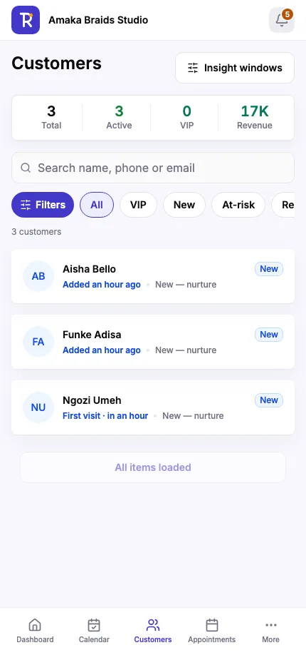 The Roost customers screen: client records built automatically from real bookings.