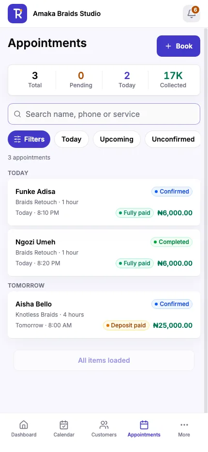 An appointments list, with a Deposit paid status showing on a ₦25,000 knotless braids booking.